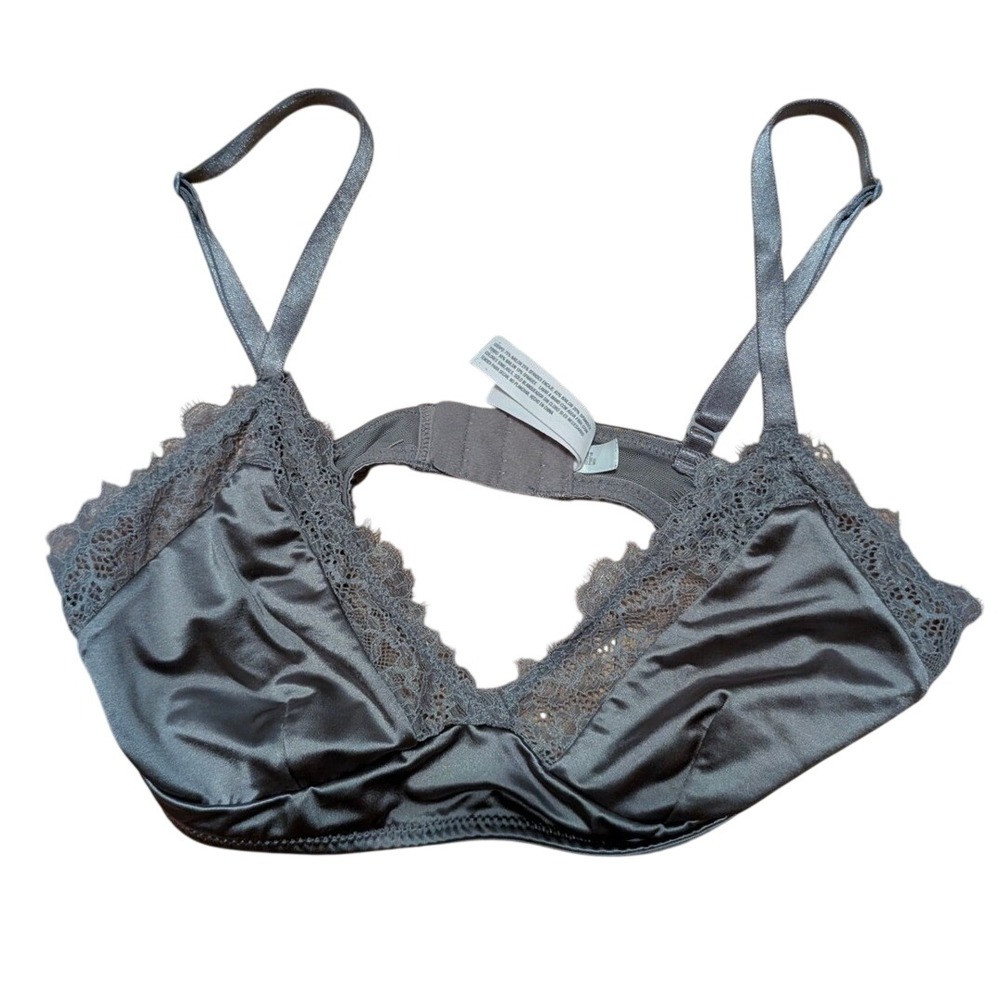 Auden Womens Unlined Bralette Taupe Gray Satin Lace Trim XS Wireless Bra